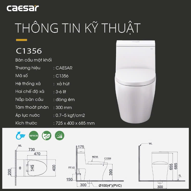 Hình ảnh bàn cầu 1 khối Caesar C1356