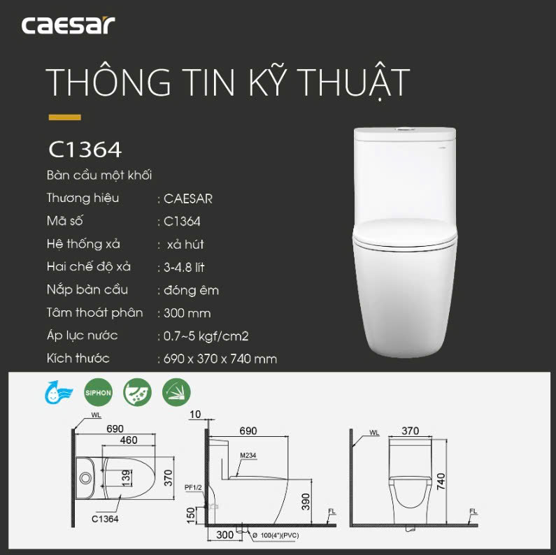 Hình ảnh bàn cầu 1 khối Caesar C1364