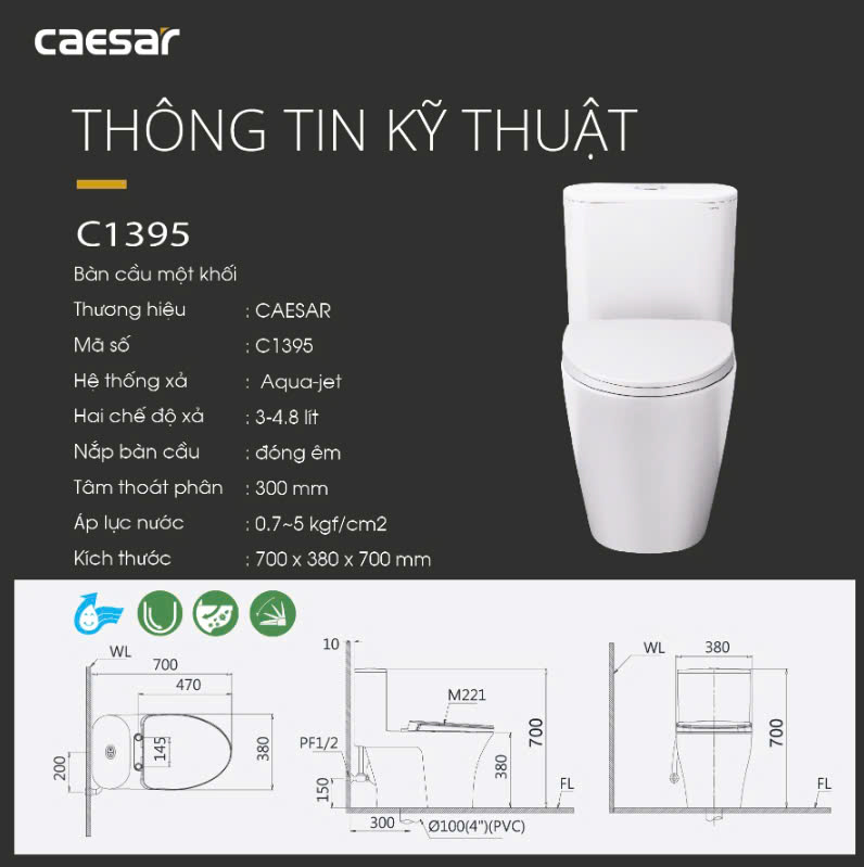 Hình ảnh bàn cầu 1 khối Caesar C1395