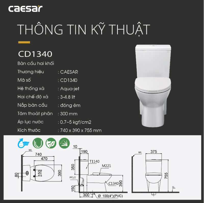 Hình ảnh bàn cầu 1 khối Caesar CD1340