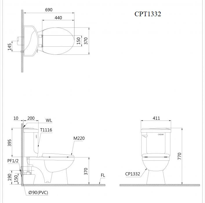 Hình ảnh bàn cầu 2 khối Caesar CPT1332
