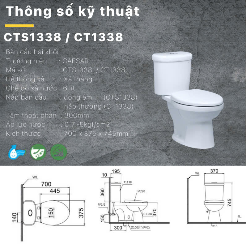 Hình ảnh bàn cầu 2 khối Caesar CT1338