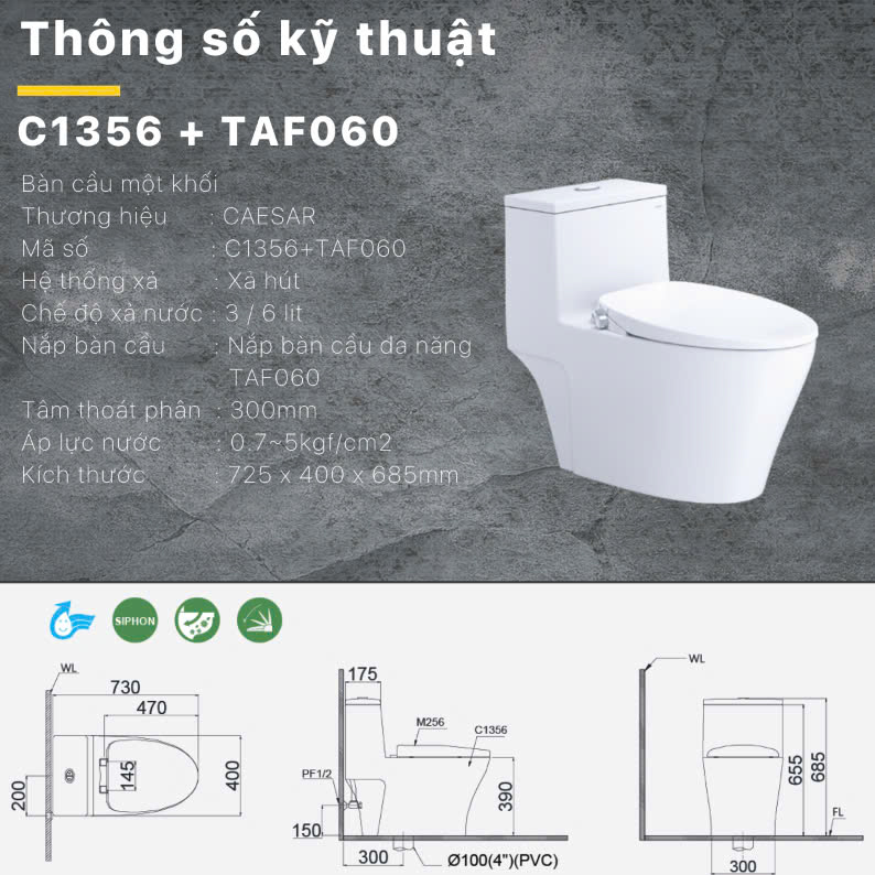 bàn cầu nắp rửa cơ Caesar C1356F + TAF060