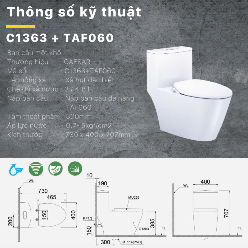 bàn cầu nắp rửa cơ Caesar C1363F + TAF060