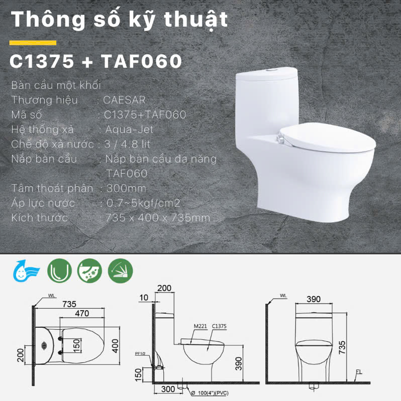 bàn cầu nắp rửa cơ Caesar C1375F + TAF060