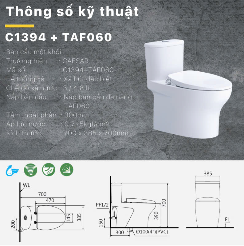 bàn cầu nắp rửa cơ Caesar C1394F + TAF060