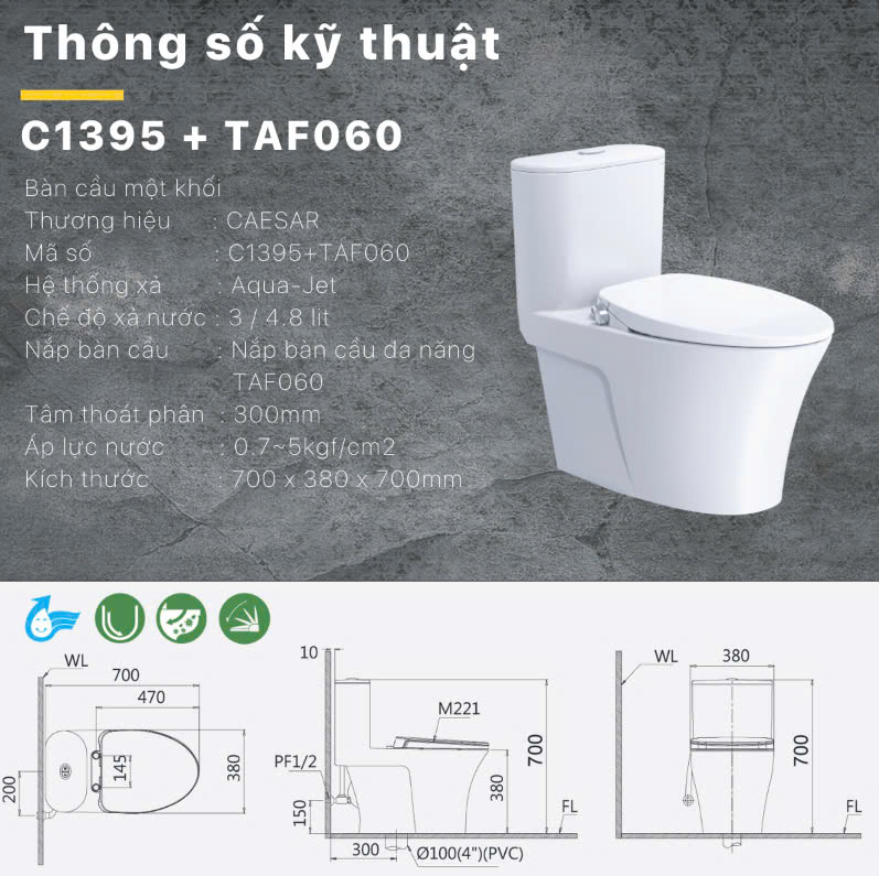 bàn cầu nắp rửa cơ Caesar C1395F + TAF060
