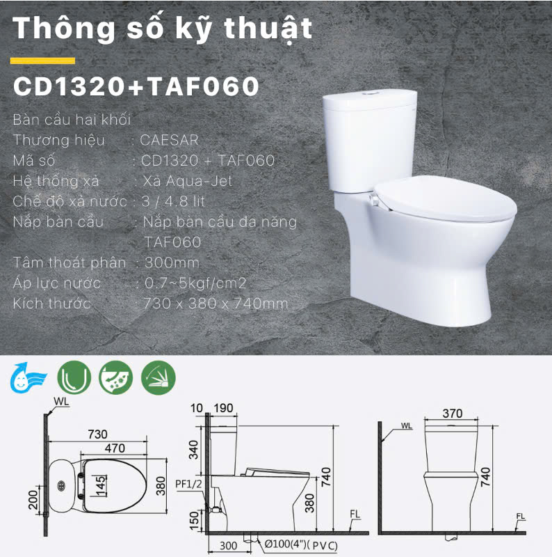 bàn cầu nắp rửa cơ Caesar CD1320 + TAF060