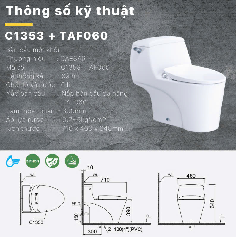 bàn cầu nắp rửa cơ Caesar C1374F + TAF400H