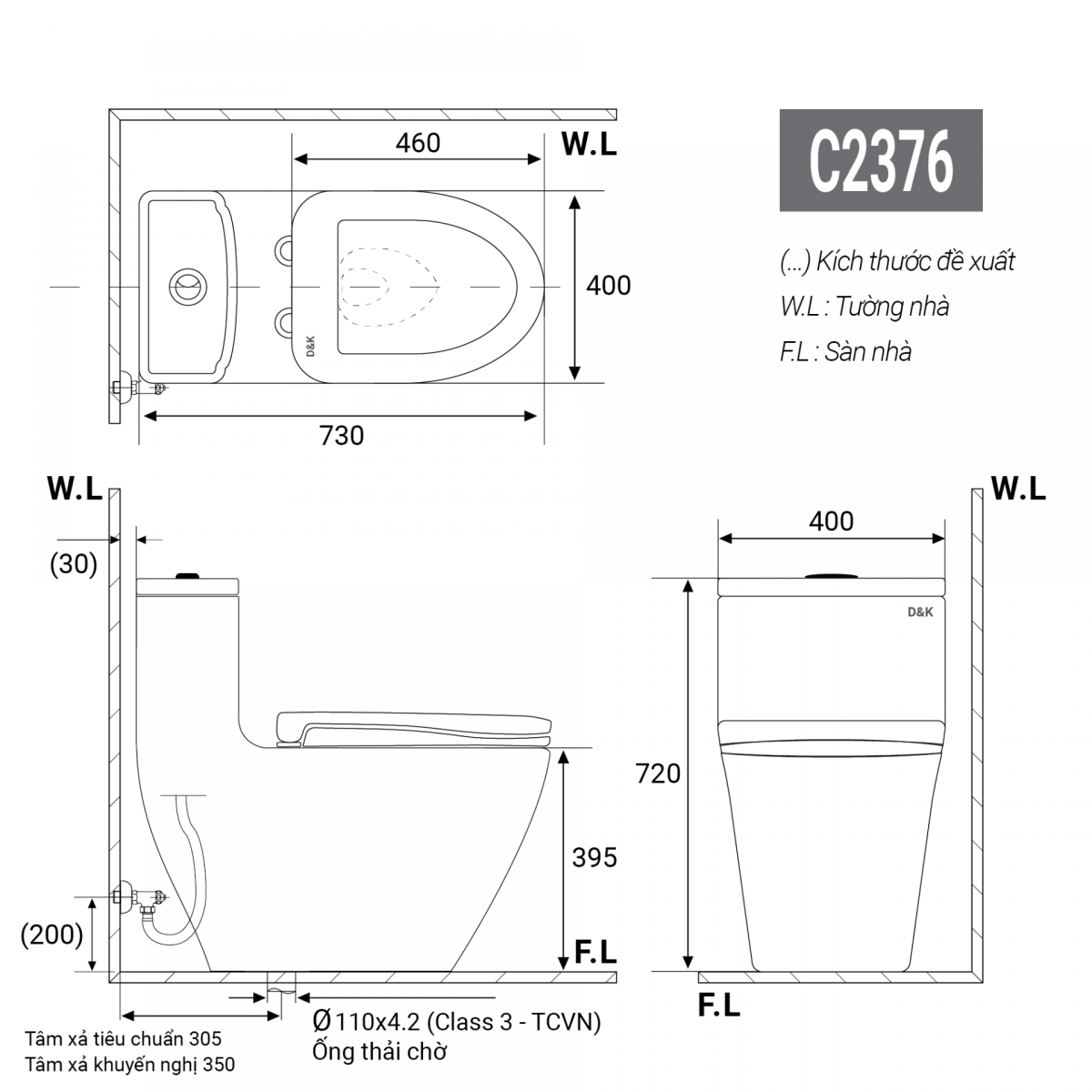 Thông số kỹ thuật bồn cầu liền khối D&K DK-C2376